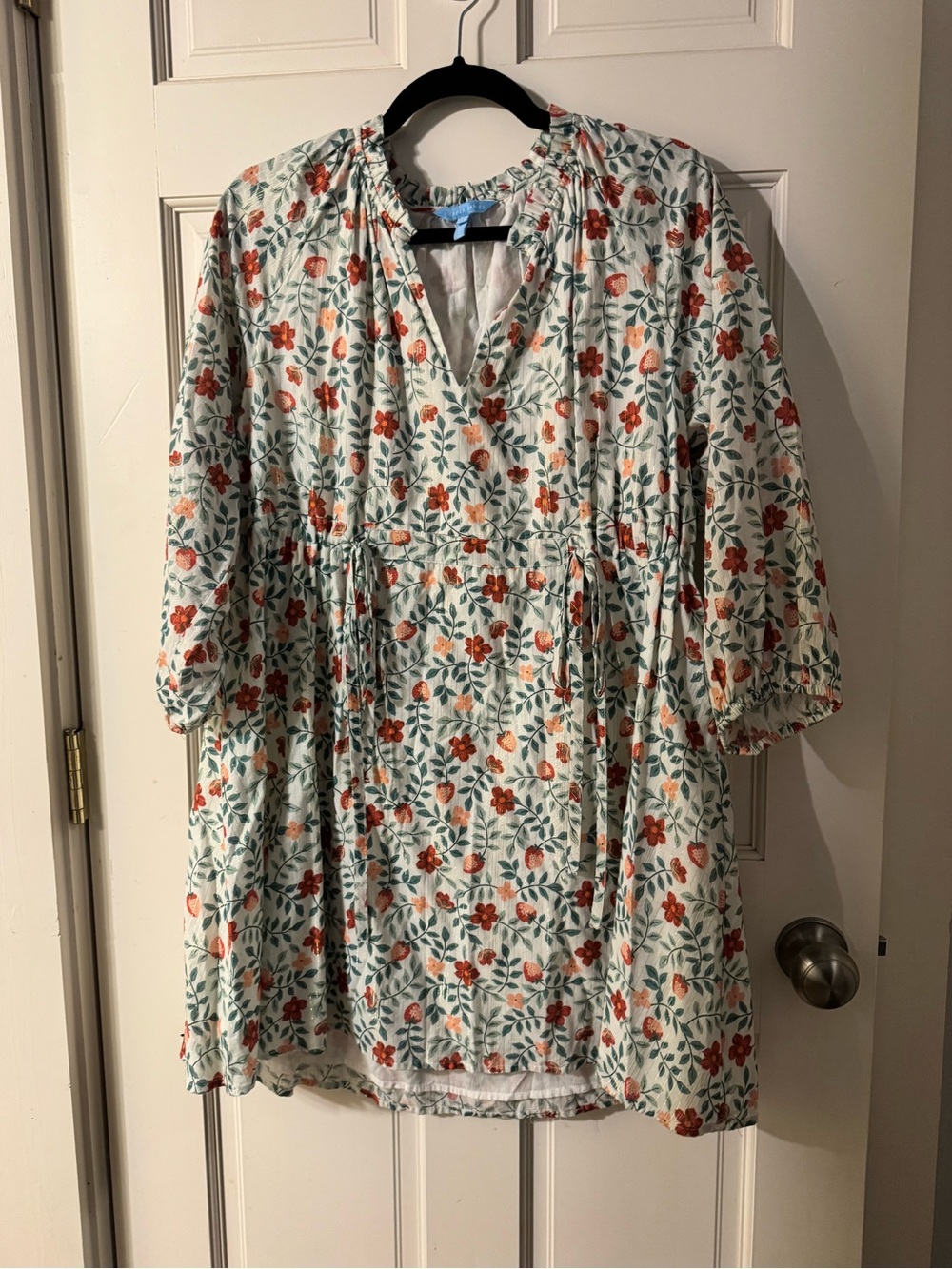 EUC Draper James Strawberry Field Floral Drawstring-Waist Dress, Size Large